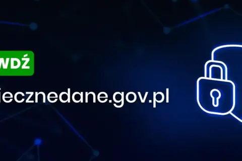 Sprawdź bezpieczeństwo danych na bezpiecznedane.gov.pl. Ikona kłódki i tarczy symbolizuje ochronę informacji.