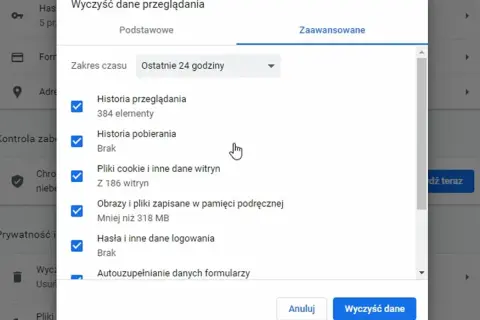 Okienko "Wyczyść dane przeglądania" w przeglądarce. Zaznaczone opcje: historia przeglądania, pliki cookie, obrazy i pliki podręczne, hasła. To może pomóc w walce z **hijackware co to** jest.