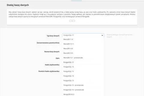 Dodawanie bazy danych. Wybierasz typ, np. PostgreSQL, wersję i konfigurujesz.