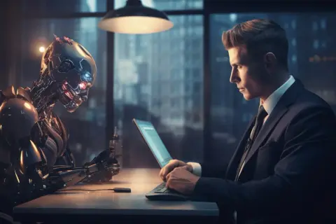 Mężczyzna w garniturze pracuje przy laptopie, obok niego siedzi zaawansowany robot. Czy to przyszłość programowania w java 18?