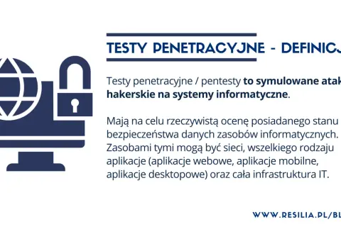 Grafika przedstawia ikonę komputera z globusem i otwartą kłódką, symbolizującą **ethical hacking** i testy penetracyjne systemów.