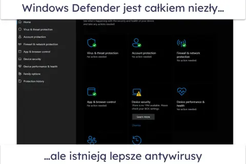 Interfejs Windows Defender, który działa jak darmowy skaner antywirusowy, pokazuje brak zagrożeń.