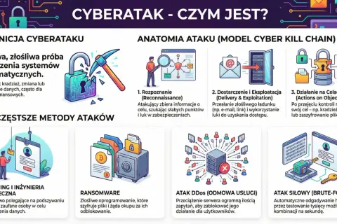 Grafika wyjaśnia, czym jest cyberatak, jego anatomię i najczęstsze metody, takie jak phishing, ransomware, DDoS i atak siłowy.
