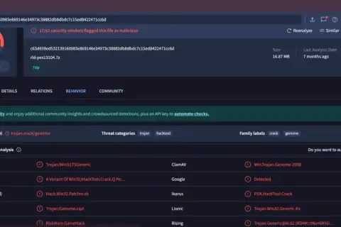 Plik zidentyfikowany jako trojan, hacktool, crack. 17/61 sprzedawców bezpieczeństwa oznaczyło go jako złośliwy.