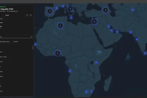 Interfejs NordVPN pokazuje mapę świata z zaznaczonymi serwerami. Po lewej stronie lista krajów, np. Albania, Algieria. To pokazuje, nordvpn co to.