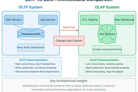 Porównanie architektoniczne systemów baz danych OLTP i OLAP. OLTP obsługuje wiele małych transakcji, OLAP złożone zapytania analityczne.