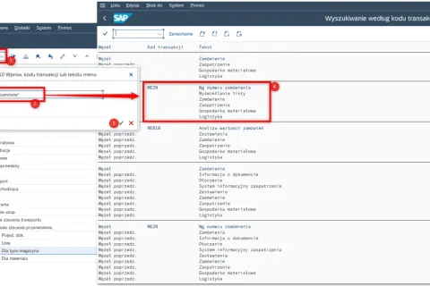 Wyszukiwanie transakcji finansowych SAP. Wpisano "*zamówie*", wyświetlono transakcje ME2N i ME81N związane z zamówieniami.
