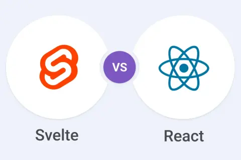 Porównanie Svelte vs React: ikony obu technologii webowych obok siebie, z napisem "VS" pośrodku.