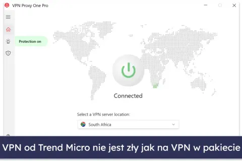 Interfejs VPN od Trend Micro z mapą świata, przyciskiem połączenia i zaznaczonym serwerem w RPA.