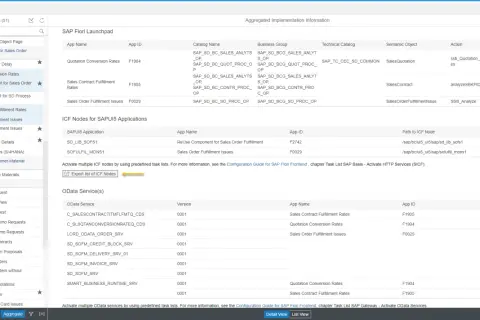 Lista aplikacji Fiori z modułu Sales Order Fulfillment, z opcją eksportu węzłów ICF.