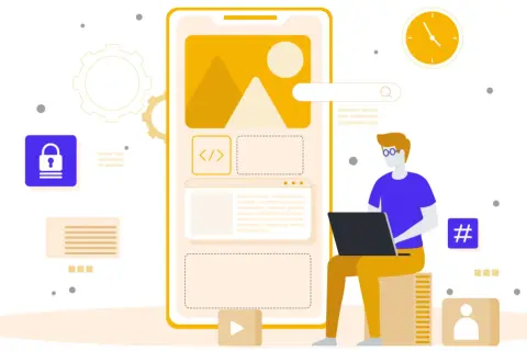 Tworzenie aplikacji: programista z laptopem przy ekranie telefonu, ikony kodu, blokady i zegara. To jest specyfikacja.