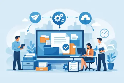 Zespół pracuje nad usprawnieniem **contract lifecycle management**. Grafika przedstawia ludzi, dokumenty, komputer i chmurę, symbolizując cyfrowy obieg umów.