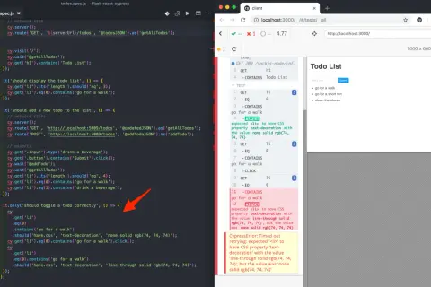 Cypress test w języku polskim: `cypress co to`? Test sprawdza, czy element listy `<li>` ma styl `text-decoration: line-through`.