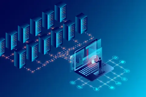 Serwery połączone z laptopem, na którym człowiek analizuje dane. To ilustracja tego, co to jest big data – ogromne zbiory informacji.