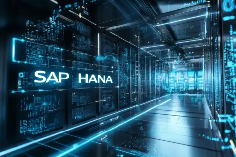 Wirtualny korytarz serwerowni z neonowym napisem SAP HANA, symbolizującym potęgę SAP BTP w cyfrowym świecie.