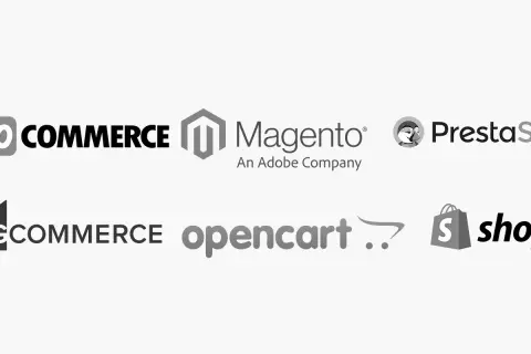 Loga platform e-commerce: WooCommerce, Magento, PrestaShop, BigCommerce, OpenCart, Shopify.