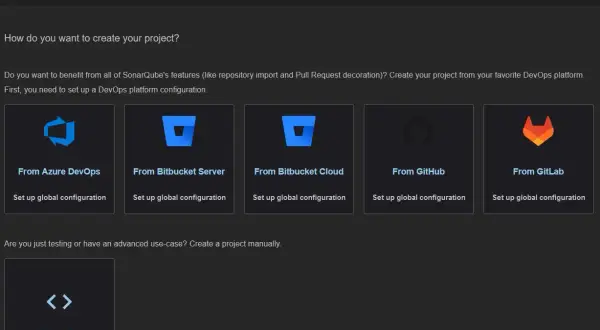 Tworzenie projektu w SonarQube: wybierz integrację z Azure DevOps, Bitbucket, GitHub, GitLab lub utwórz ręcznie. Umożliwia to statyczna analiza kodu.