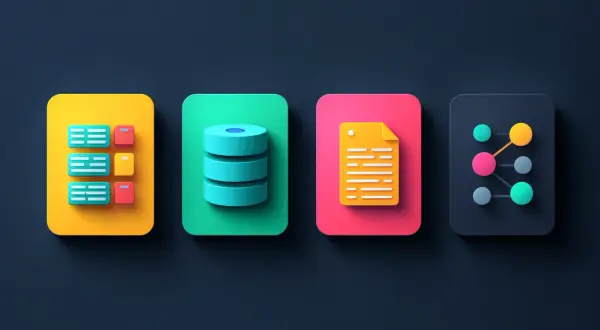 Ikony reprezentujące dane: lista, baza NoSQL, dokument i sieć.
