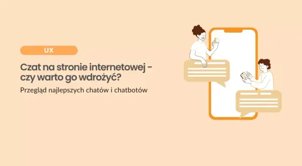 Dwie osoby rozmawiają przez telefon, symbolizując czat na żywo. Grafika ilustruje temat "Czat na stronie internetowej – czy warto go wdrożyć?".
