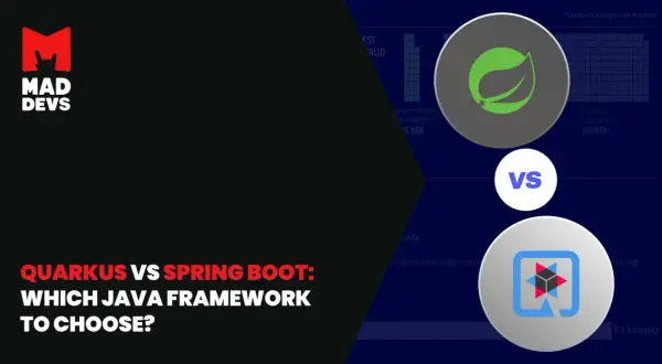 Porównanie Quarkus vs Spring Boot. Grafika przedstawia loga obu frameworków i dane dotyczące wydajności.
