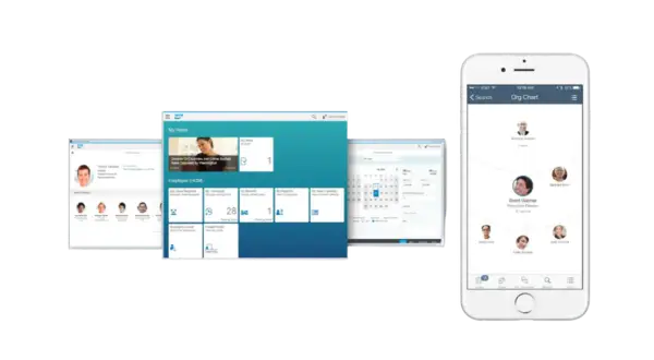 SAP HCM na ekranach: telefon z wykresem organizacyjnym, komputer z panelem pracownika i kalendarzem.