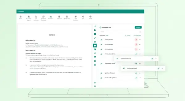 Interfejs programu do zarządzania bazami danych, pokazujący listę dokumentów i wykrytych błędów, takich jak literówki czy problemy z tłumaczeniem.