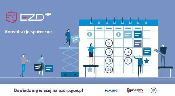 Grafika ilustruje konsultacje społeczne jako element rozwiązań dla administracji publicznej. Ludzie współpracują przy kalendarzu, planując działania.
