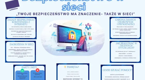 Grafika edukacyjna o bezpieczeństwie w sieci: zasady, zagrożenia, ochrona danych, reakcja na trudne sytuacje i pomoc. Pamiętaj o bezpieczeństwie w sieci!