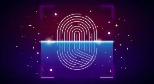 Neonowy odcisk palca, symbolizujący cyfrowy ślad, rozdziela się na dwie części: górną, białą, i dolną, niebieską, na tle kosmicznej poświaty.