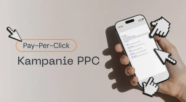 Dłoń trzyma smartfon z kampaniami PPC. Kursor myszy symbolizuje click fraud, czyli oszustwa w reklamach płatnych za kliknięcie.