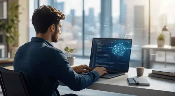 Młody junior .NET developer pracuje przy laptopie, kodując w nowoczesnym biurze z widokiem na miasto.