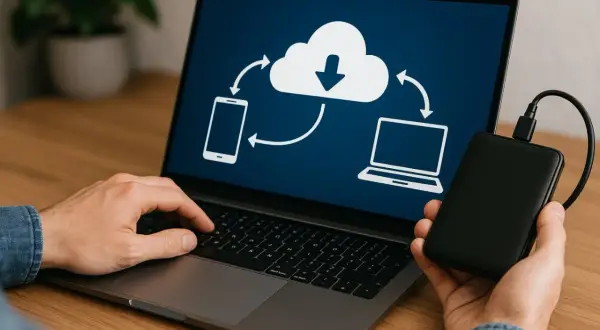 Ręce użytkownika obsługują laptop, na ekranie którego widnieje schemat chmury z ikonami telefonu i komputera, symbolizujący migrację danych.