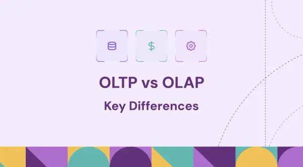 Ikony symbolizujące dane, pieniądze i procesy. Tytuł "OLTP vs OLAP: Kluczowe Różnice" wyjaśnia kontekst.