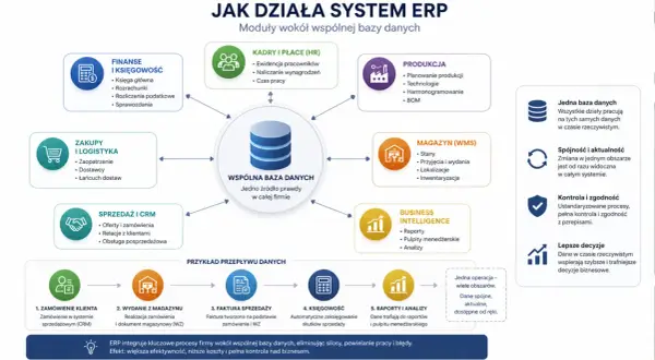 Schemat działania systemu ERP, pokazujący moduły (finanse, kadry, produkcja, magazyn, sprzedaż, zakupy, BI) i wspólną bazę danych.