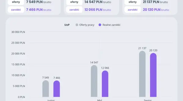 Wykres pokazuje, ile zarabia programista na różnych poziomach doświadczenia: Junior (7466 PLN), Mid (12066 PLN) i Senior (20120 PLN).