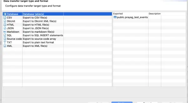 Ekran wyboru formatu eksportu danych, w tym opcja eksportu do SQL INSERT statements, idealna do przenoszenia danych z bazy, np. PostgreSQL.