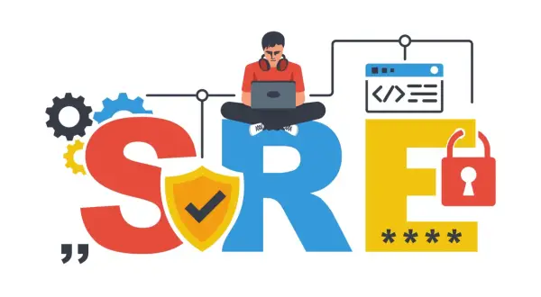 SRE engineer pracuje nad bezpieczeństwem i wydajnością systemów, symbolizowanymi przez koła zębate, tarczę i kłódkę.