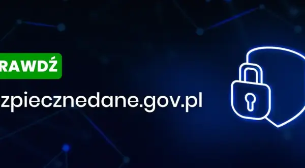 Sprawdź bezpieczeństwo danych na bezpiecznedane.gov.pl. Ikona kłódki i tarczy symbolizuje ochronę informacji.