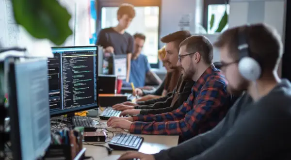 Zespół programistów pracuje nad oprogramowaniem business intelligence. Analiza danych i kodowanie na monitorach.
