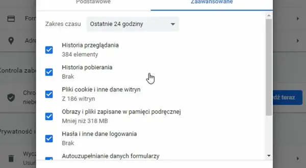 Okienko "Wyczyść dane przeglądania" w przeglądarce. Zaznaczone opcje: historia przeglądania, pliki cookie, obrazy i pliki podręczne, hasła. To może pomóc w walce z **hijackware co to** jest.
