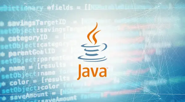 Logo Java na tle kodu i sieci neuronowych. Nowoczesne technologie programowania w Java 8.