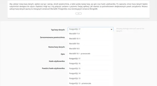 Dodawanie bazy danych. Wybierasz typ, np. PostgreSQL, wersję i konfigurujesz.