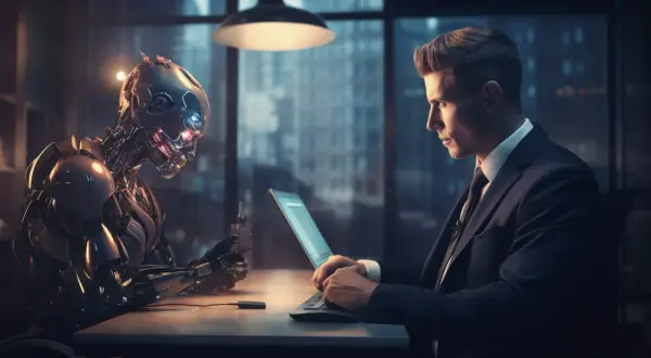 Mężczyzna w garniturze pracuje przy laptopie, obok niego siedzi zaawansowany robot. Czy to przyszłość programowania w java 18?