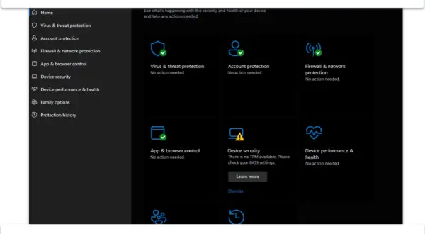 Interfejs Windows Defender, który działa jak darmowy skaner antywirusowy, pokazuje brak zagrożeń.