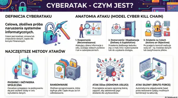 Grafika wyjaśnia, czym jest cyberatak, jego anatomię i najczęstsze metody, takie jak phishing, ransomware, DDoS i atak siłowy.