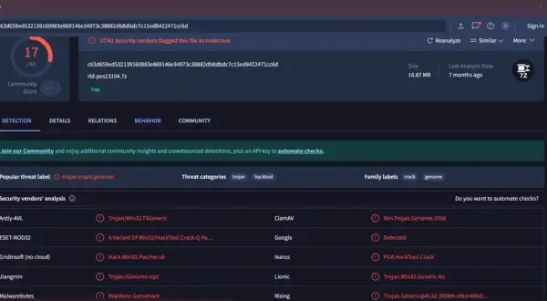 Plik zidentyfikowany jako trojan, hacktool, crack. 17/61 sprzedawców bezpieczeństwa oznaczyło go jako złośliwy.