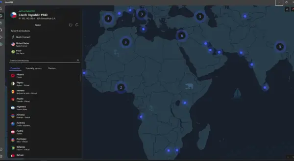 Interfejs NordVPN pokazuje mapę świata z zaznaczonymi serwerami. Po lewej stronie lista krajów, np. Albania, Algieria. To pokazuje, nordvpn co to.