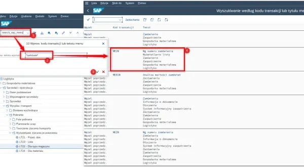 Wyszukiwanie transakcji finansowych SAP. Wpisano "*zamówie*", wyświetlono transakcje ME2N i ME81N związane z zamówieniami.