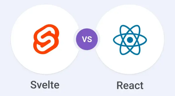 Porównanie Svelte vs React: ikony obu technologii webowych obok siebie, z napisem "VS" pośrodku.