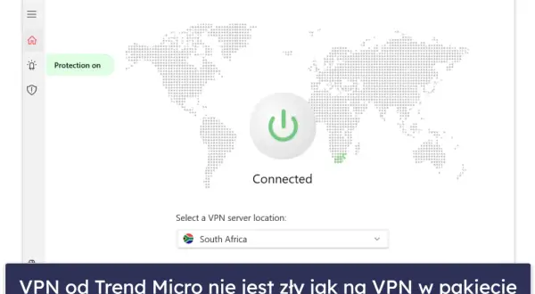 Interfejs VPN od Trend Micro z mapą świata, przyciskiem połączenia i zaznaczonym serwerem w RPA.